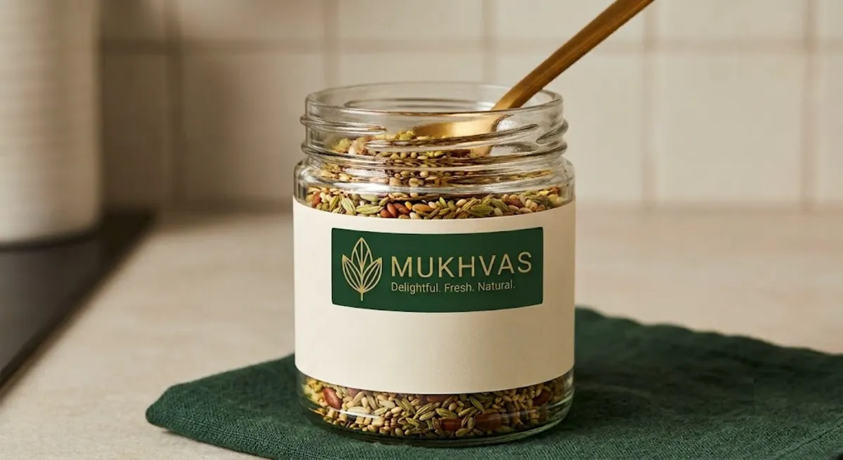 Mukhwas stored in a sealed airtight glass jar on a kitchen shelf away from sunlight