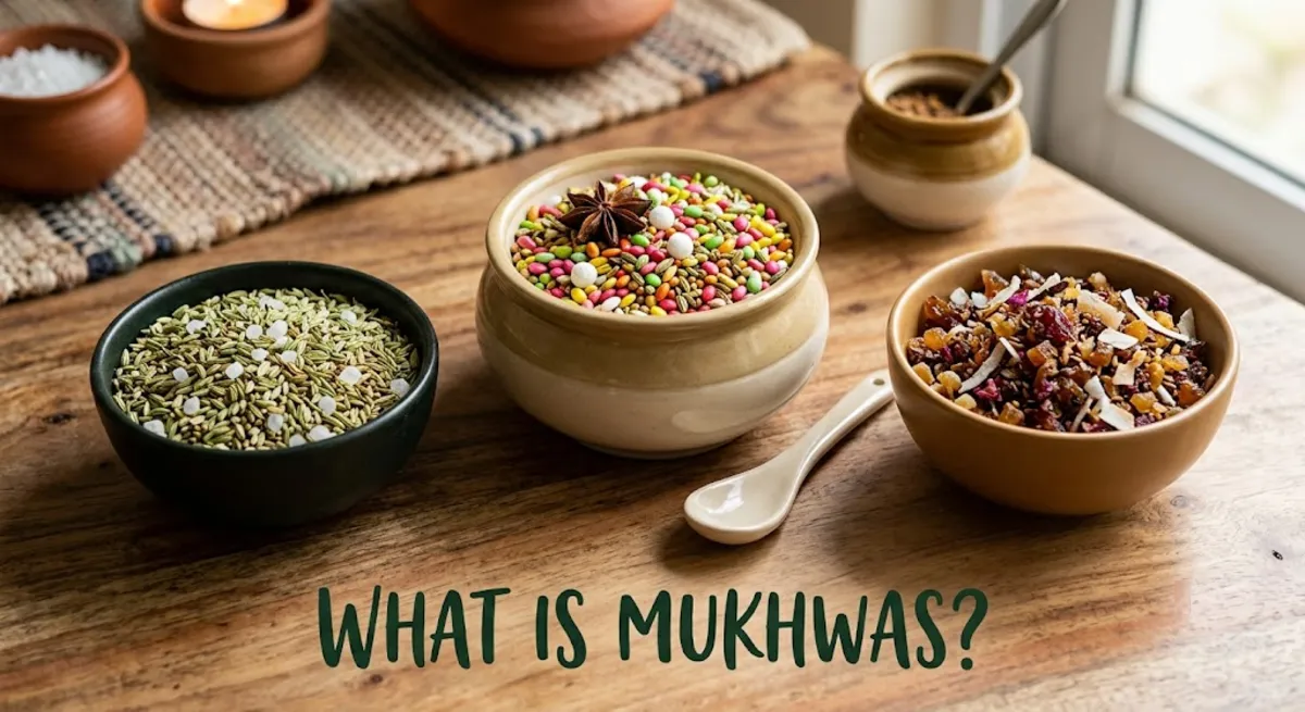 Overhead view of separate piles of fennel, coriander, sesame, ajwain and flax seeds used in mukhwas