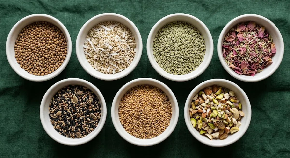 Seven types of mukhwas displayed in separate small bowls showing colour and texture differences