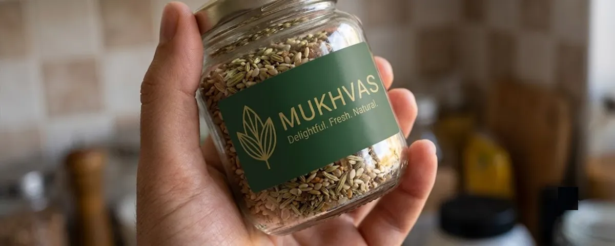 Close-up of a mukhwas ingredient label being checked for supari and areca nut content